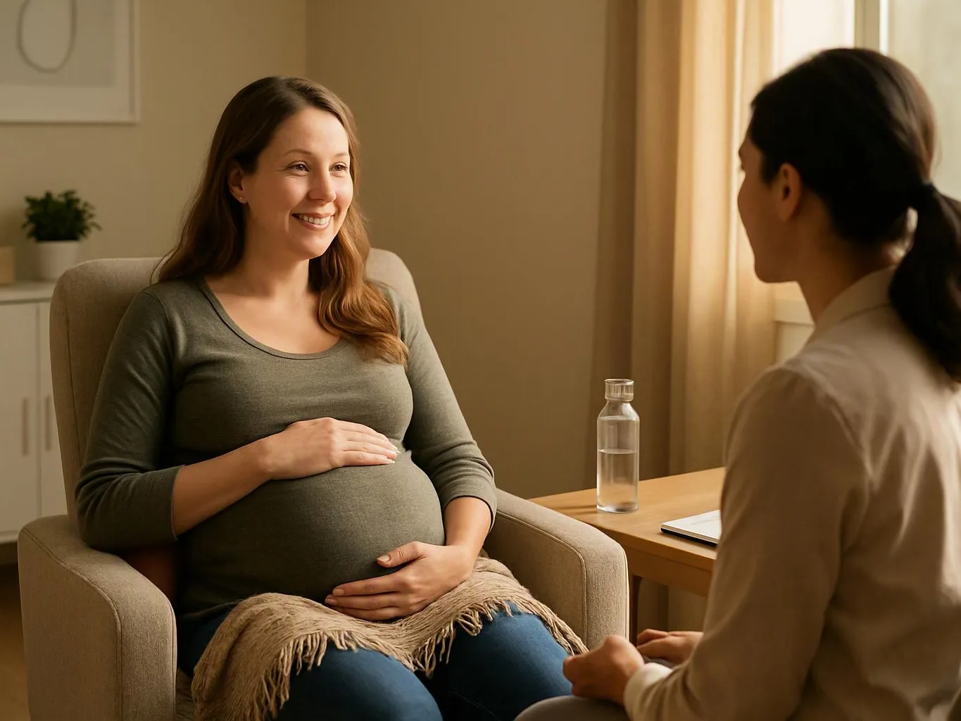 A pregnant woman smiles while sitting in a chair and talking to another woman in a cozy room