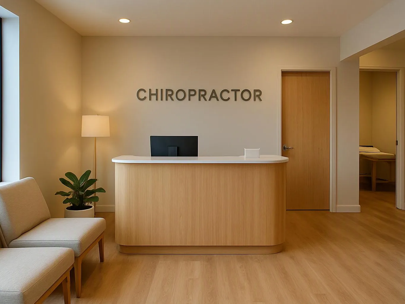 A quiet chiropractic reception area shows a wood desk, waiting chairs, a lamp, and a treatment room doorway