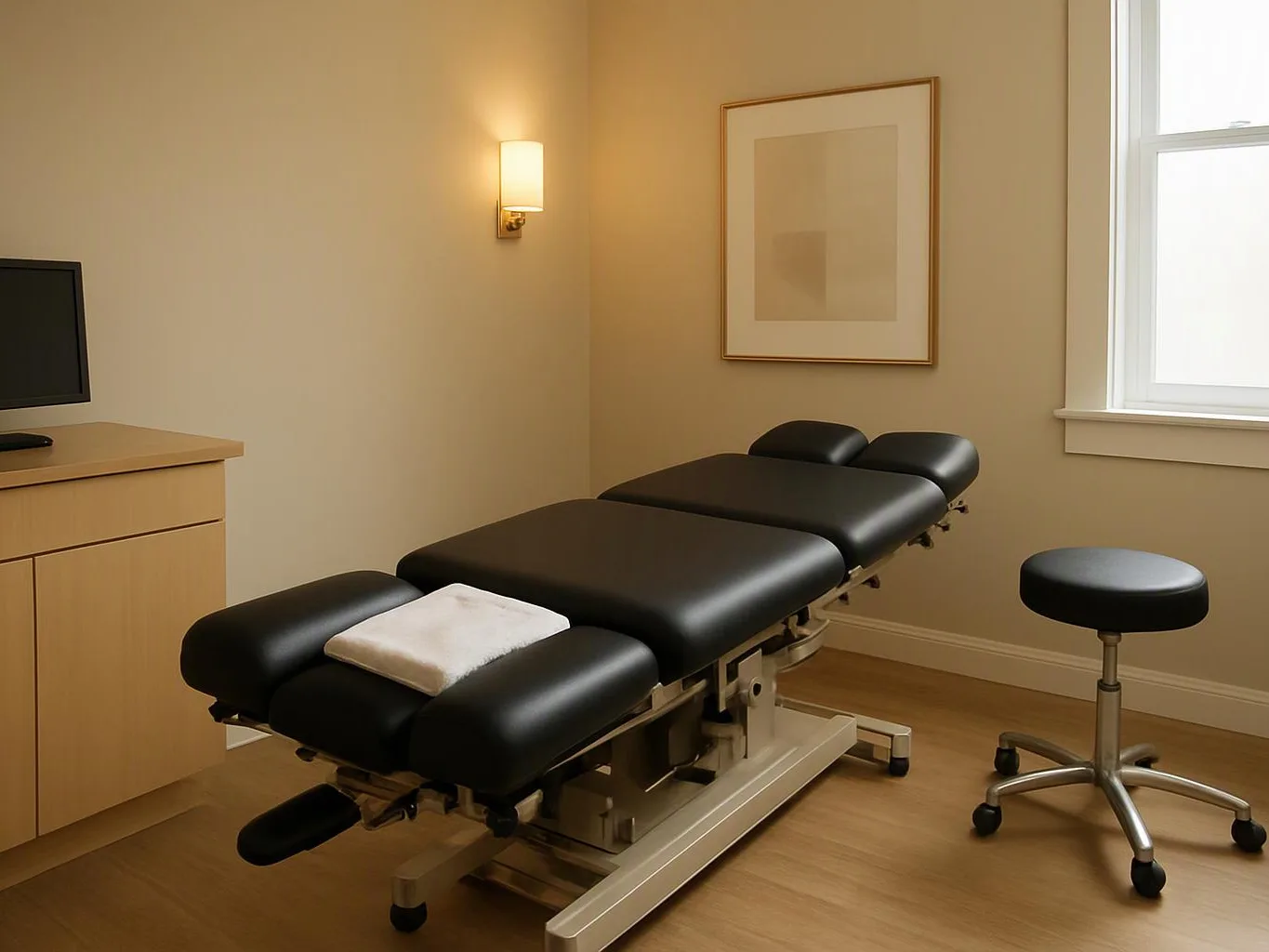 A quiet exam room has a black treatment table, a stool, a cabinet, and soft wall lighting