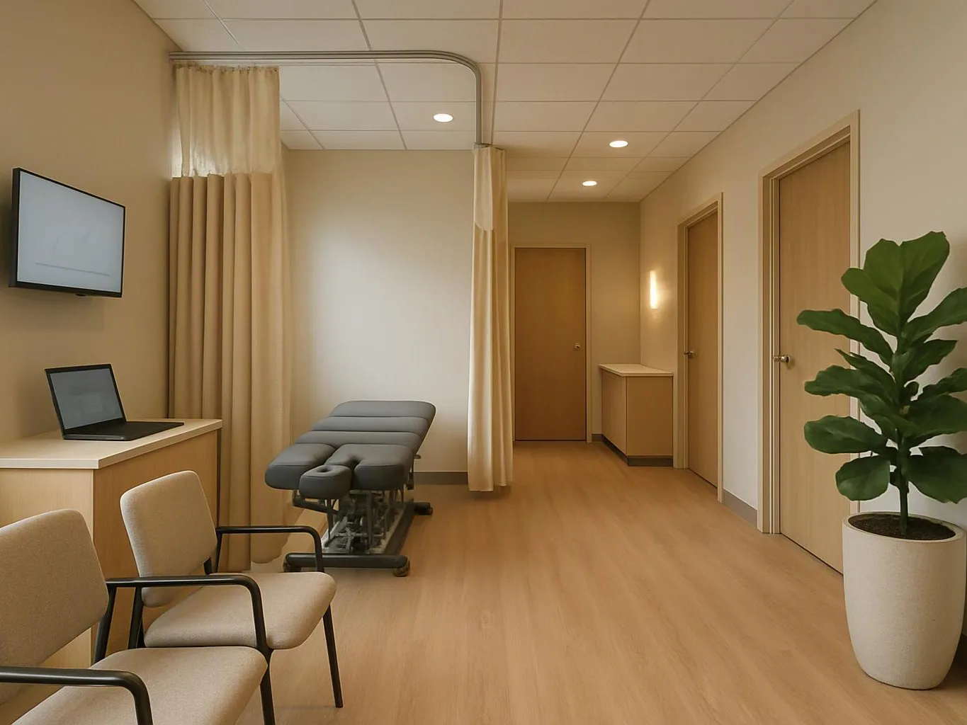A quiet exam room has a treatment table, chairs, a laptop, and a potted plant by the doors