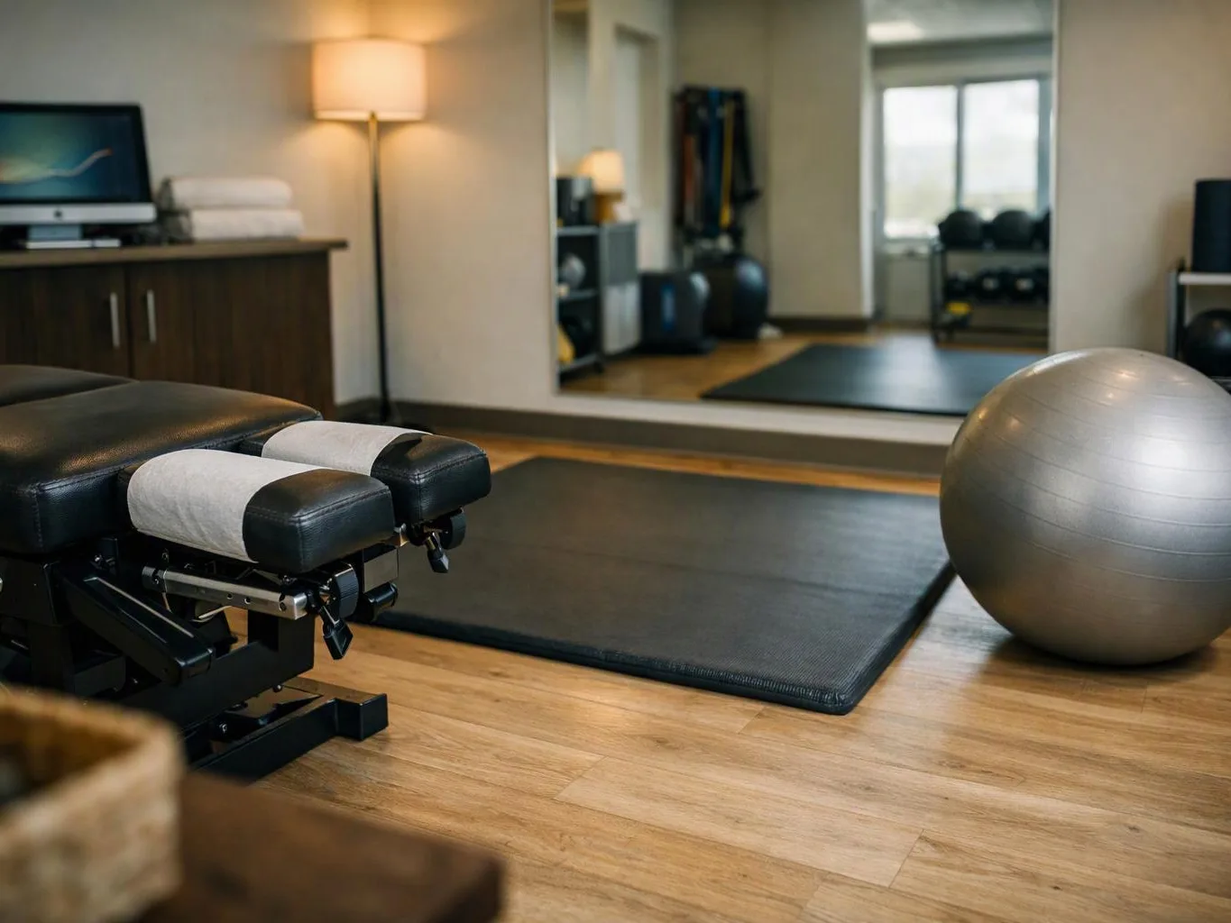 A quiet exercise room shows a treatment table, yoga mats, a stability ball, and a floor lamp