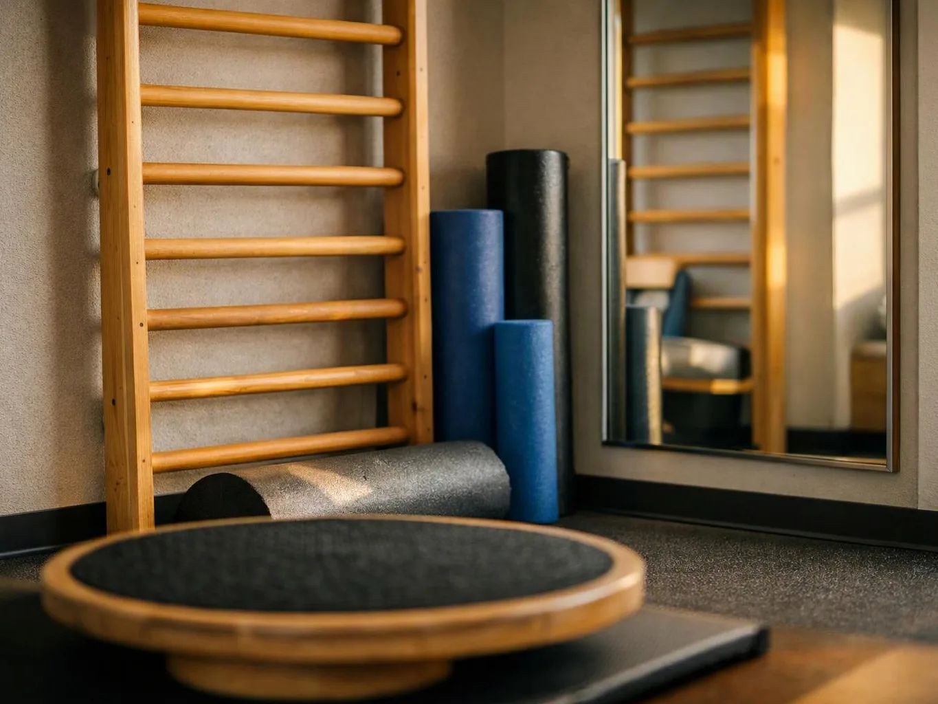A quiet exercise room shows wooden wall bars, foam rollers, a mirror, and a round balance board on the floor