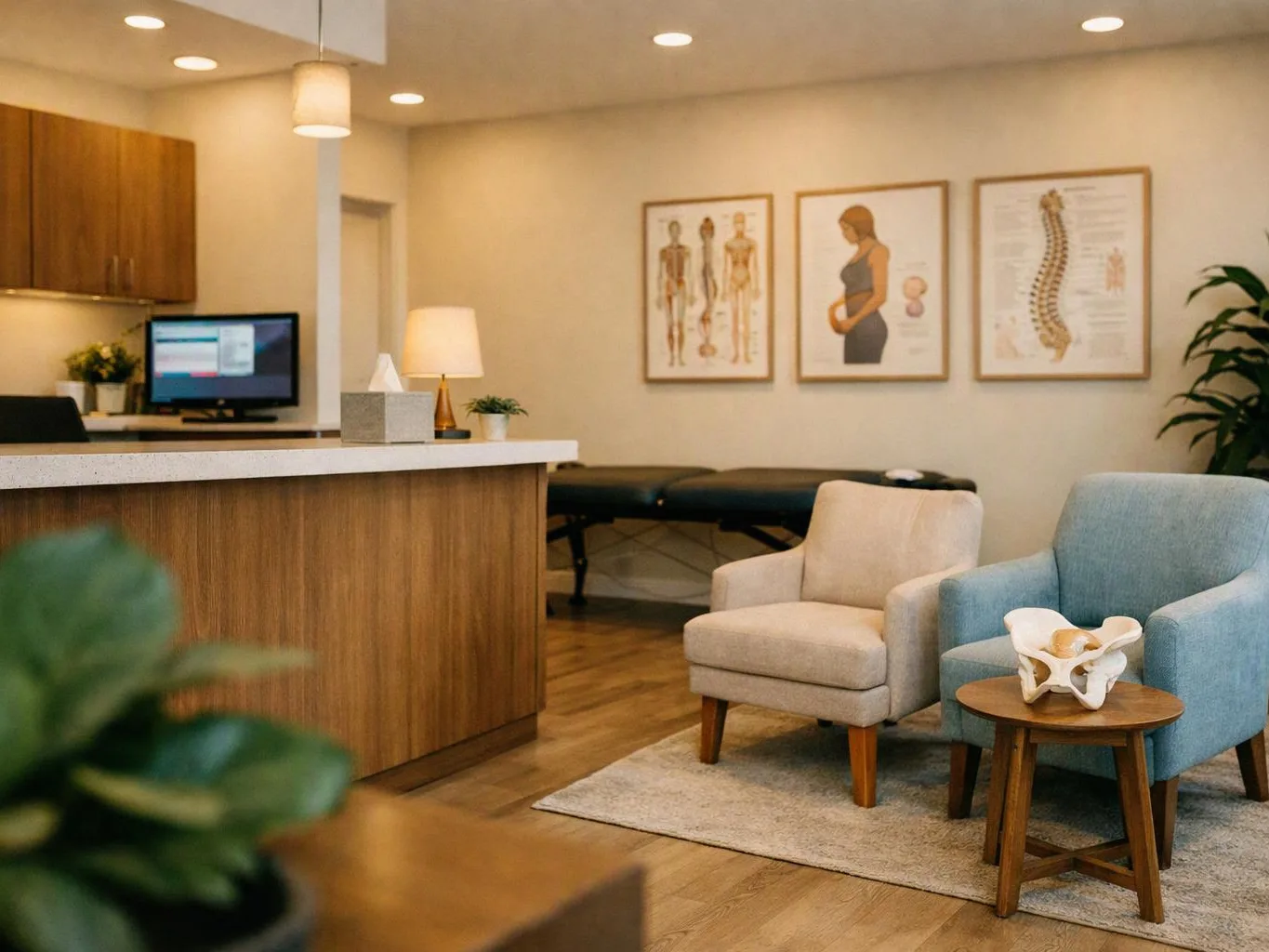 A quiet medical waiting room shows chairs, a reception desk, wall anatomy prints, and an exam table