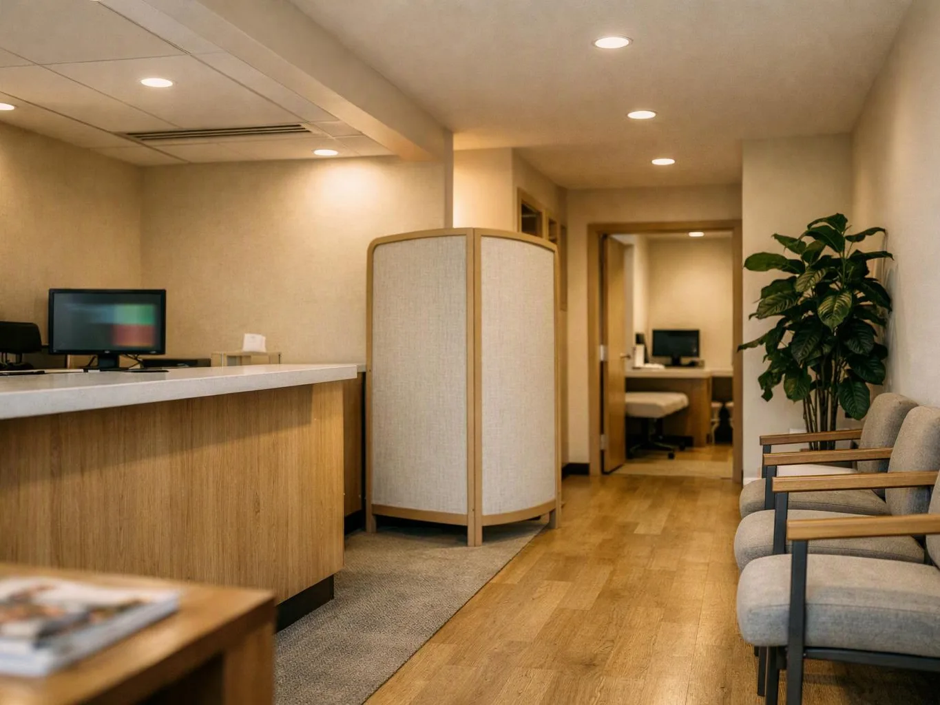 A quiet office waiting room has a reception desk, cubicle divider, chairs, and a potted plant