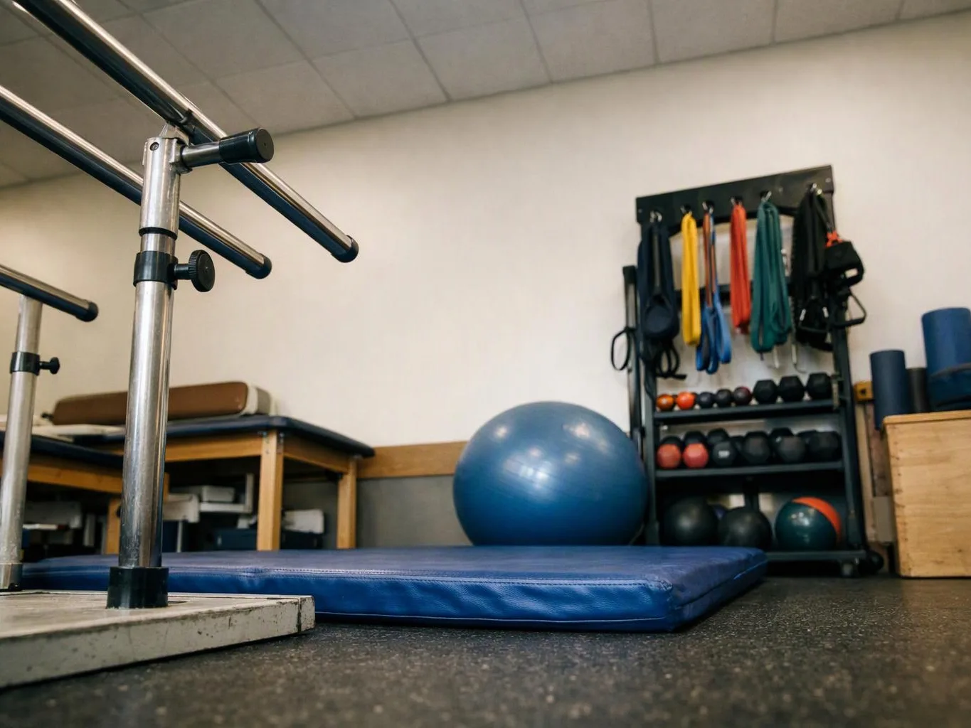 A quiet rehab gym shows parallel bars, a blue exercise ball, a mat, and shelves of therapy gear