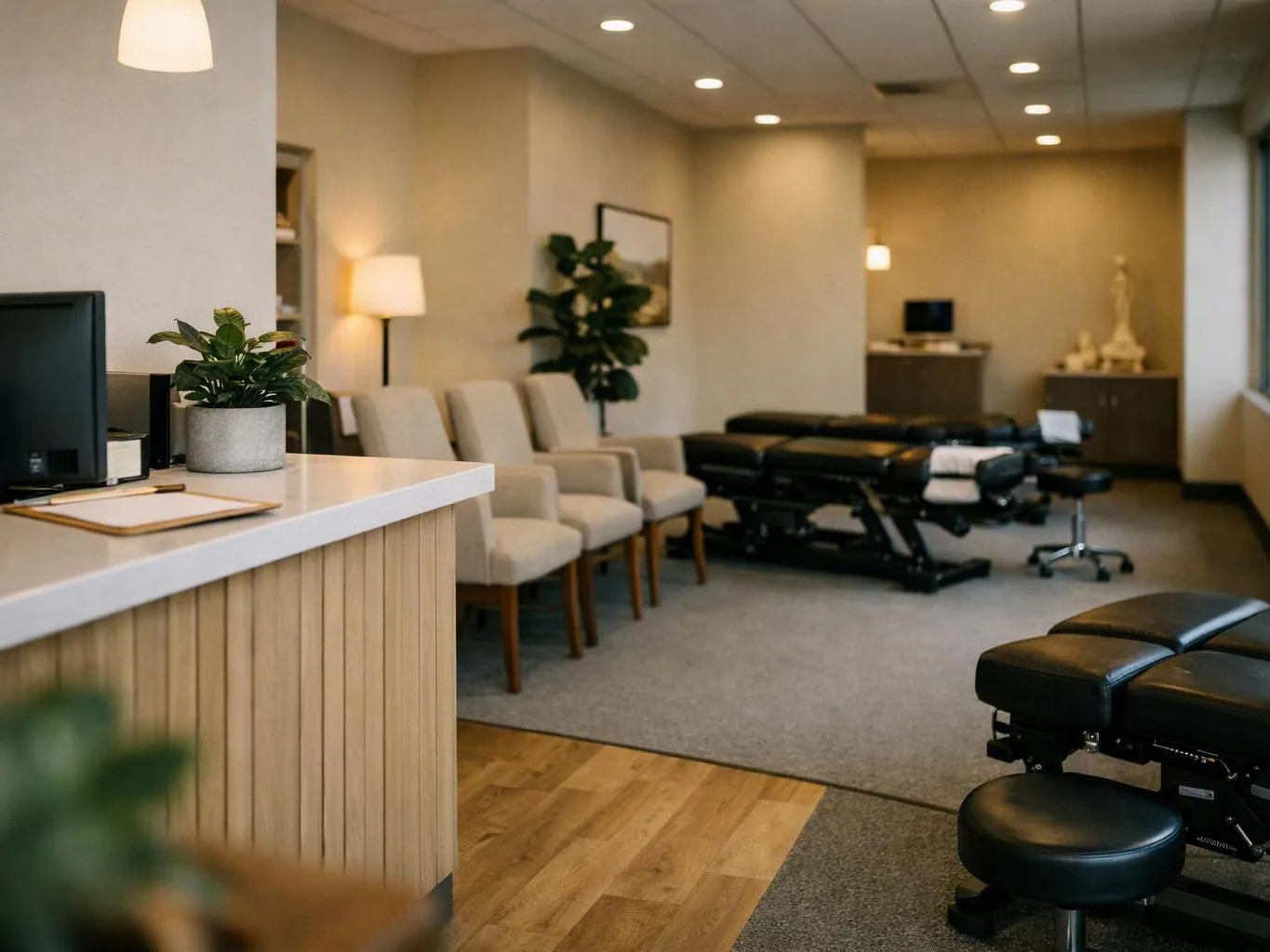 A quiet treatment room has exam tables, waiting chairs, a reception counter, and soft overhead lights
