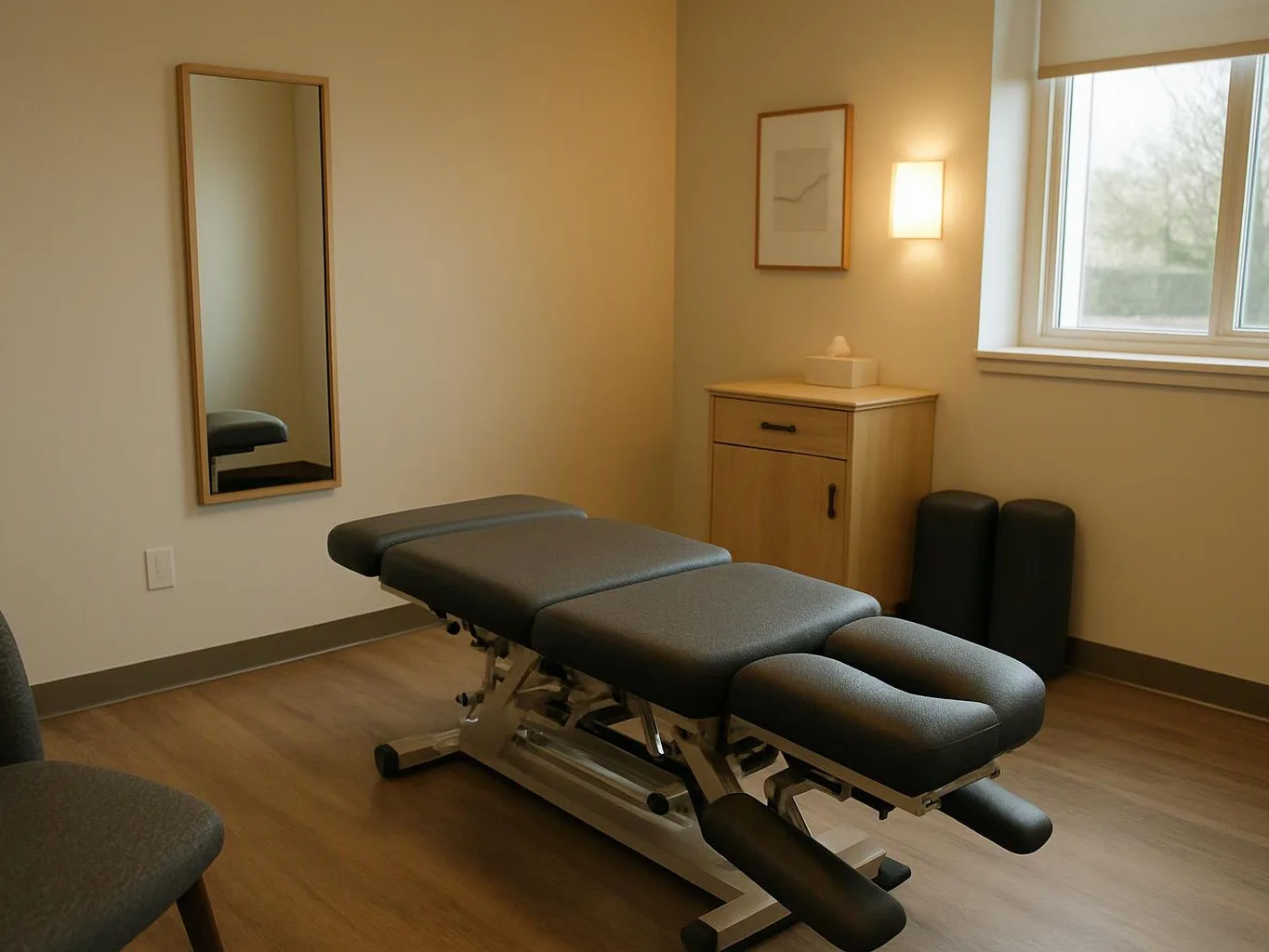 A quiet treatment room holds a padded exam table, wall mirror, cabinet, and soft window light