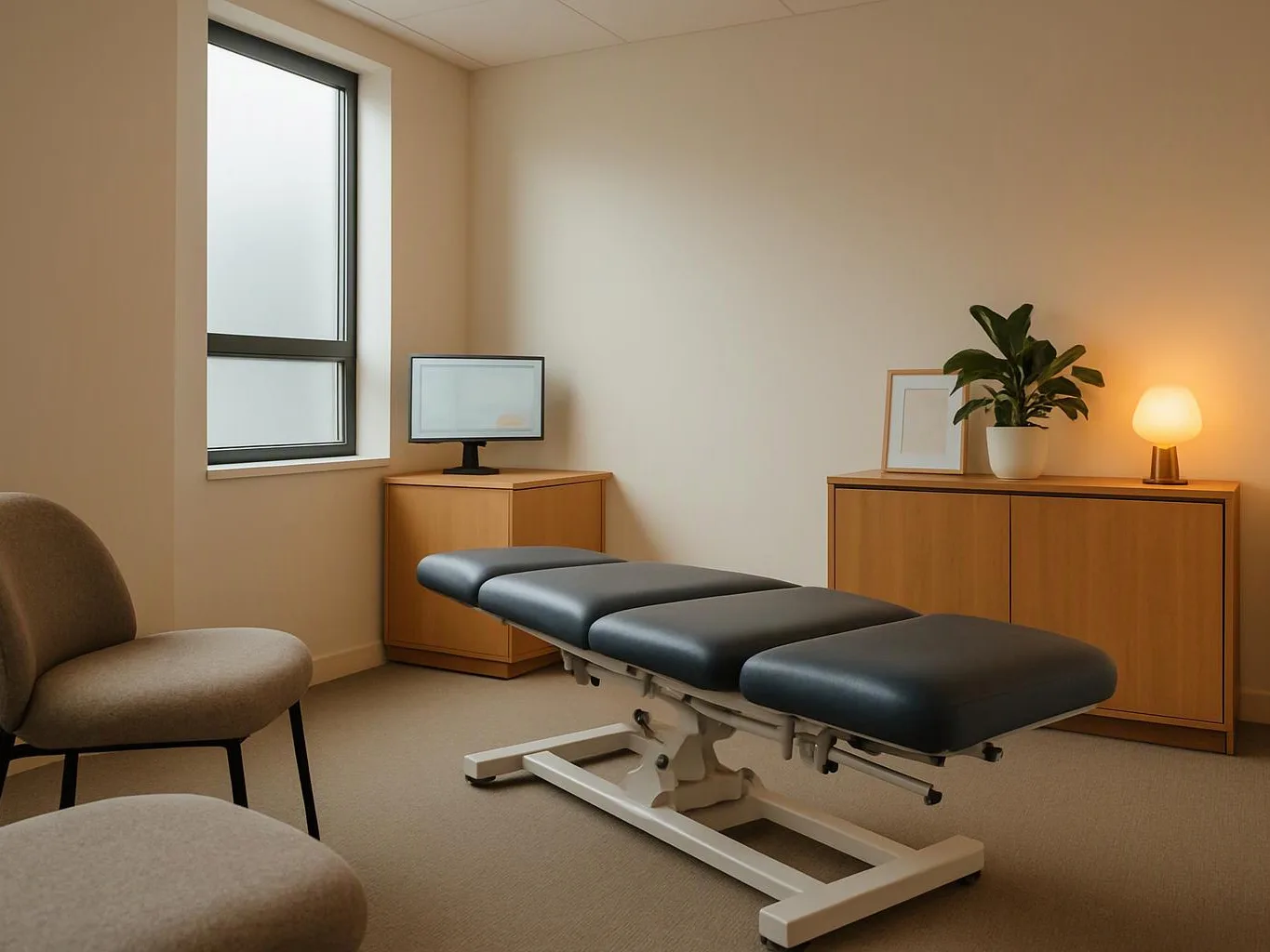 A quiet treatment room shows a black exam table, two chairs, a small monitor, cabinets, and a glowing lamp