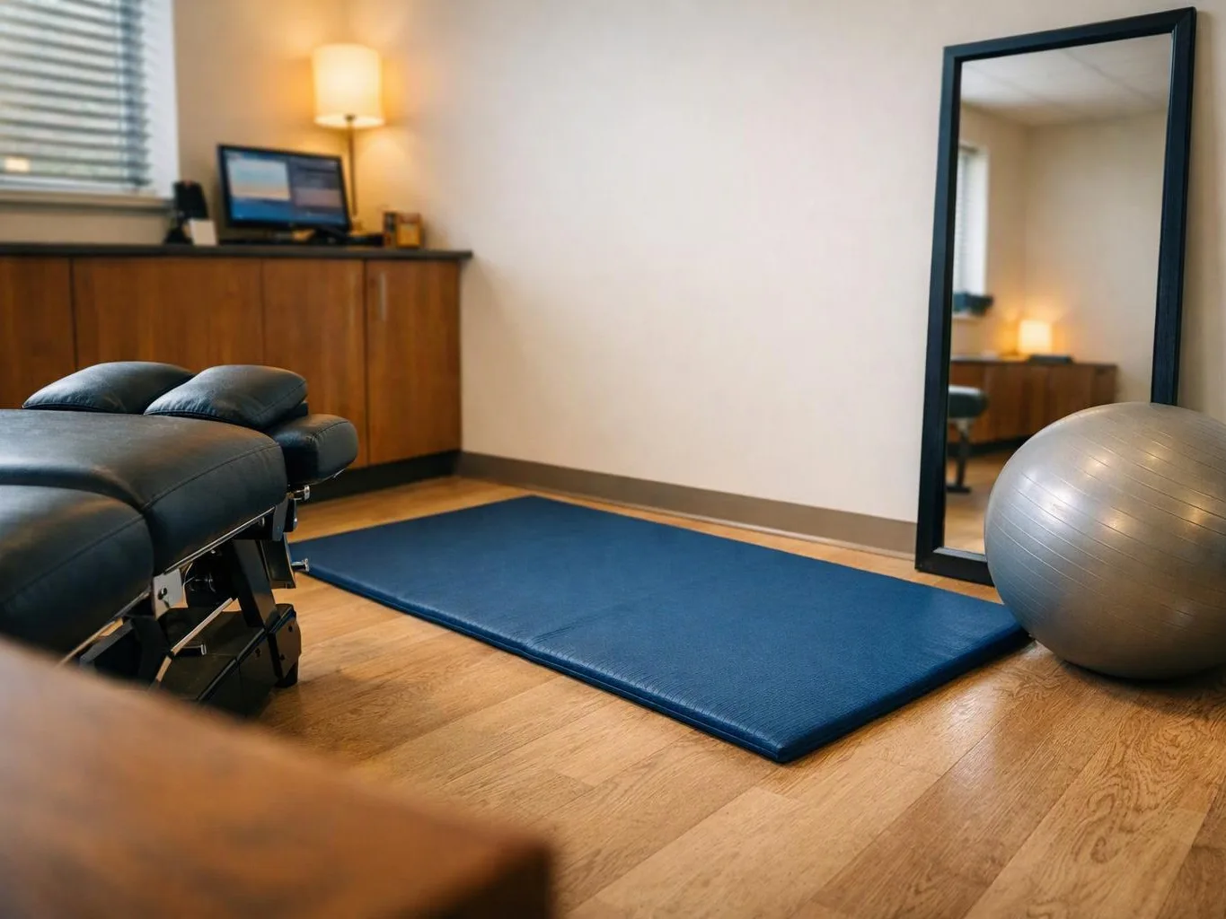 A quiet treatment room shows a massage table, blue mat, exercise ball, and tall mirror