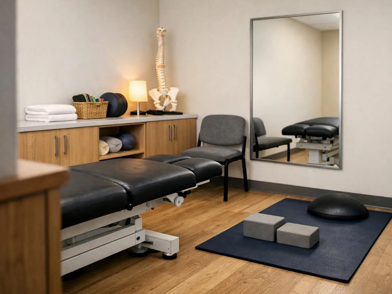 A quiet treatment room shows a padded exam table, a chair, a mirror, and therapy props on the floor