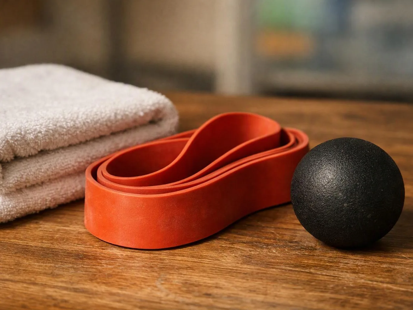 A rolled orange exercise band, a black massage ball, and folded towels sit on a wooden table