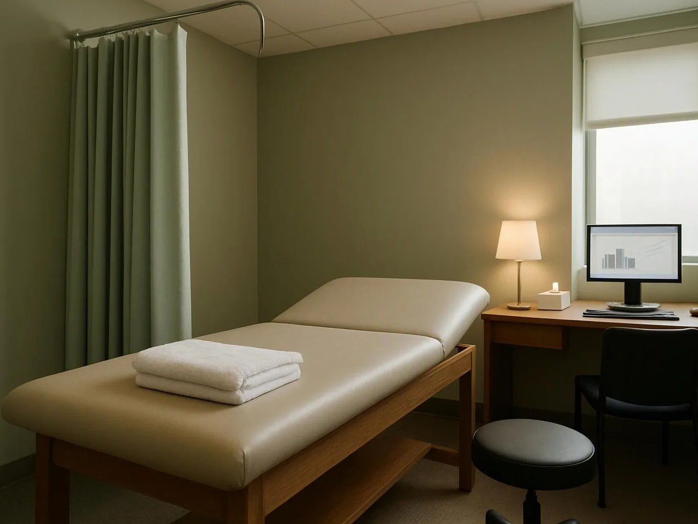 A simple exam room holds a treatment bed, folded towels, a desk, lamp, computer, and chair