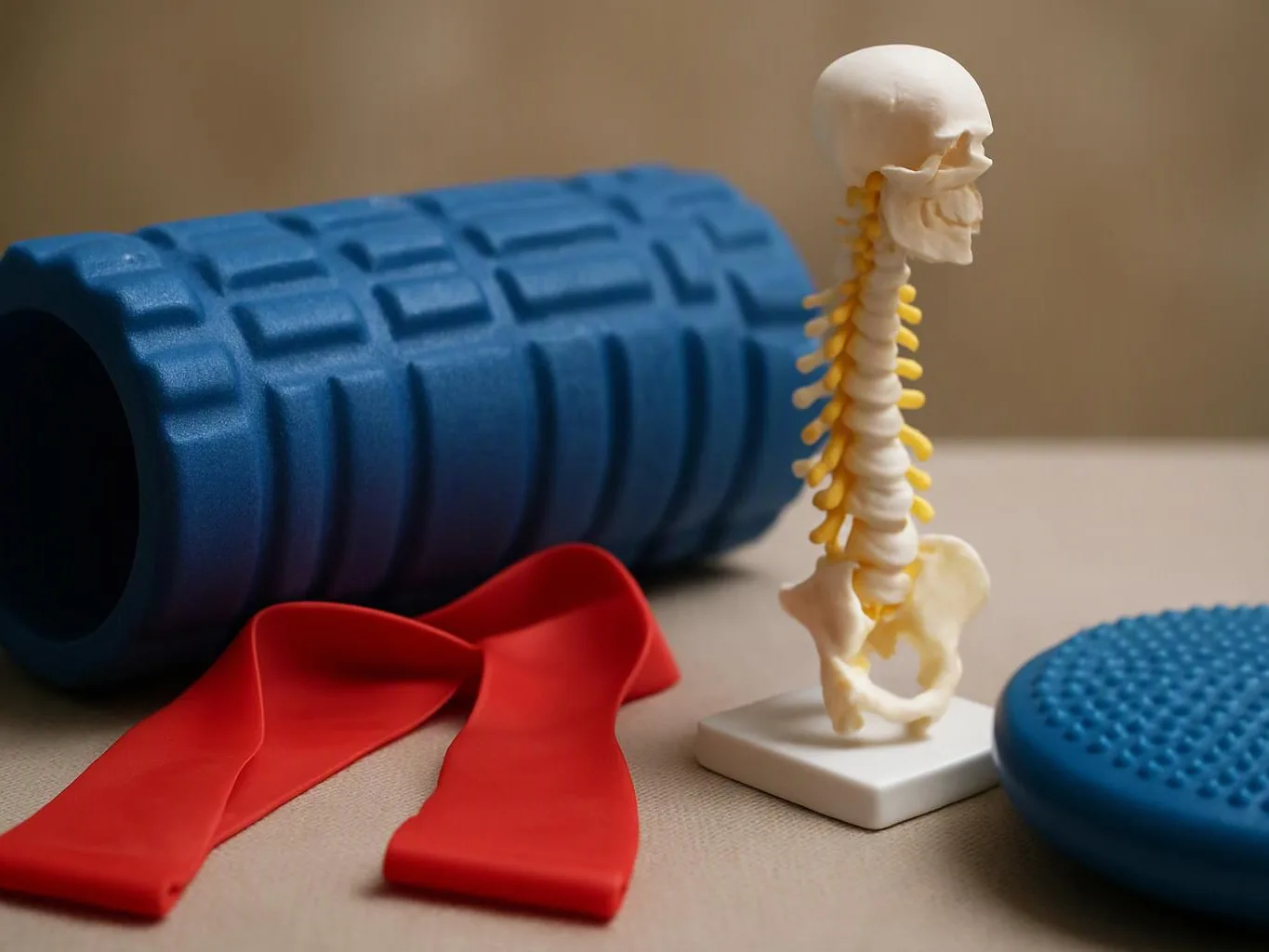 A small skeleton model stands beside a blue foam roller, red resistance band, and blue balance disc on a table