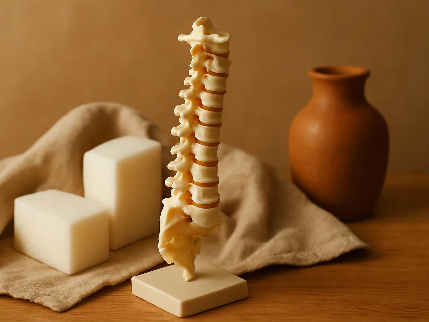 A small spine model stands on a block beside white cubes, a cloth, and a clay vase on a wooden surface