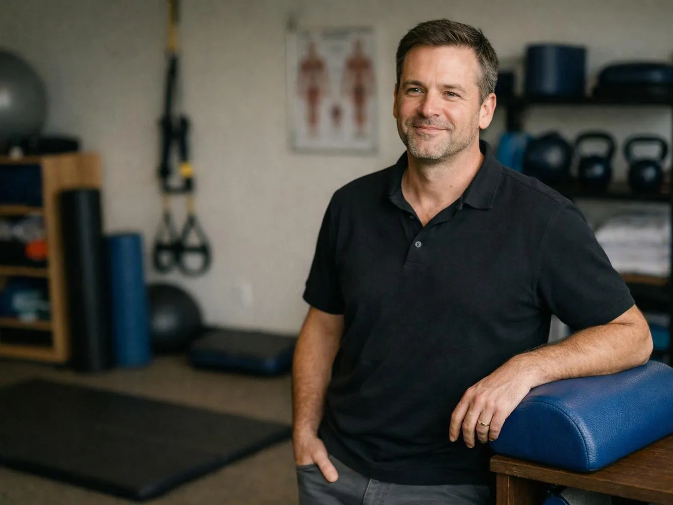 A smiling man in a black polo leans on a blue padded table in a gym room