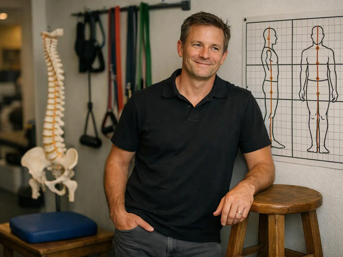 A smiling man in a black polo stands by a stool in a clinic room with spine models and exercise bands