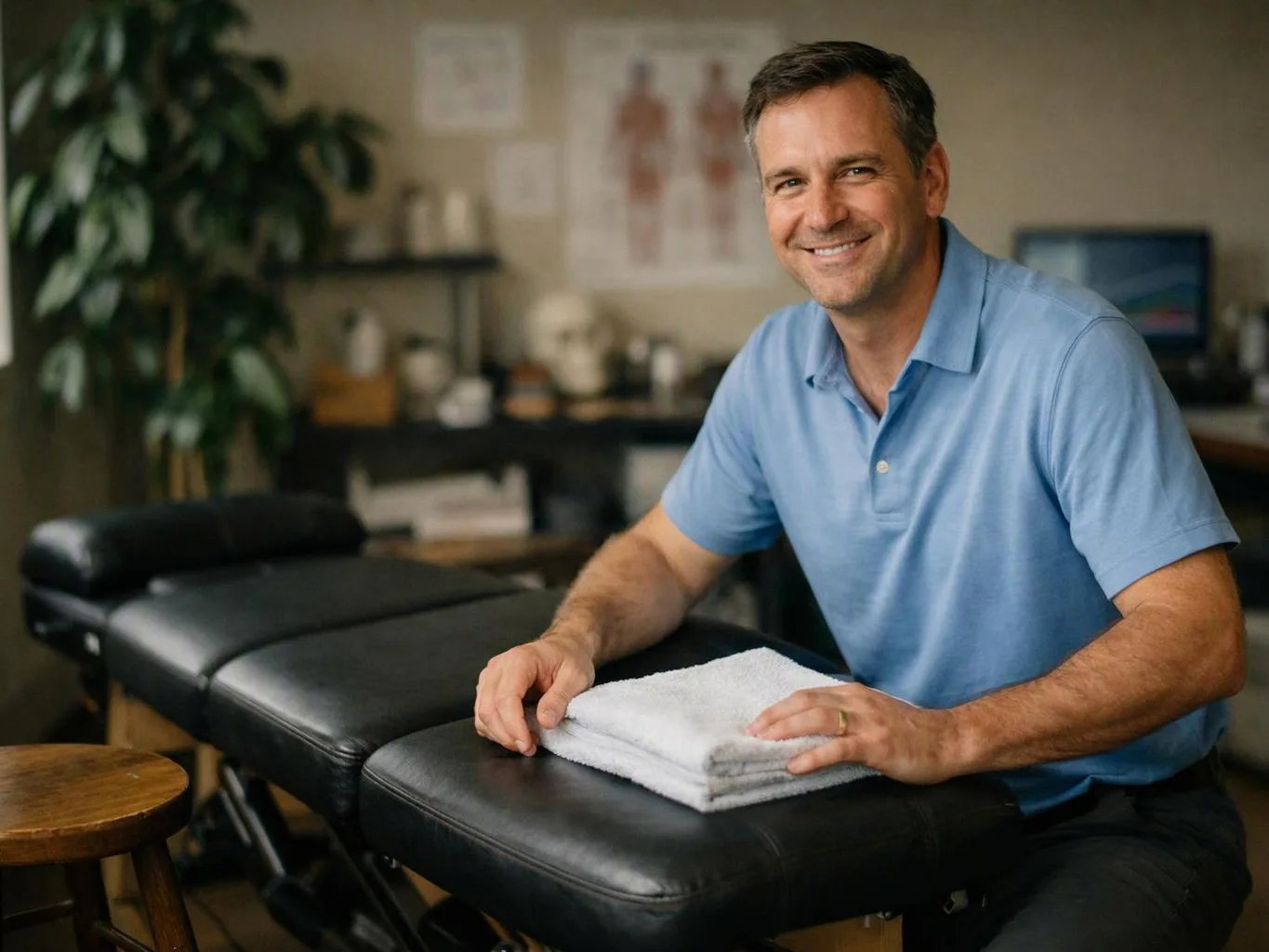A smiling man in a blue polo rests folded towels on a black massage table in a clinic room