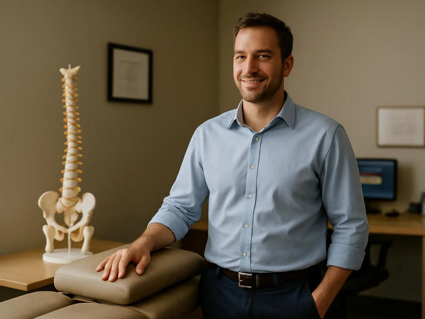 A smiling man in a blue shirt stands beside a padded table, with a spine model in a clinic room
