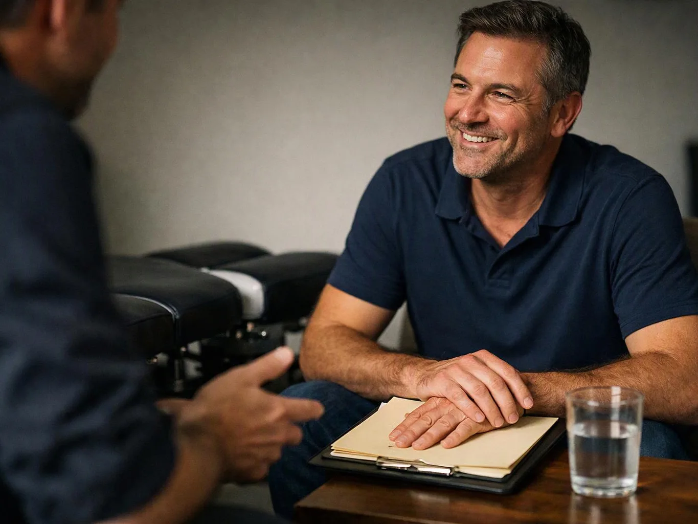 A smiling man in a navy polo sits at a table with a clipboard while another person gestures nearby
