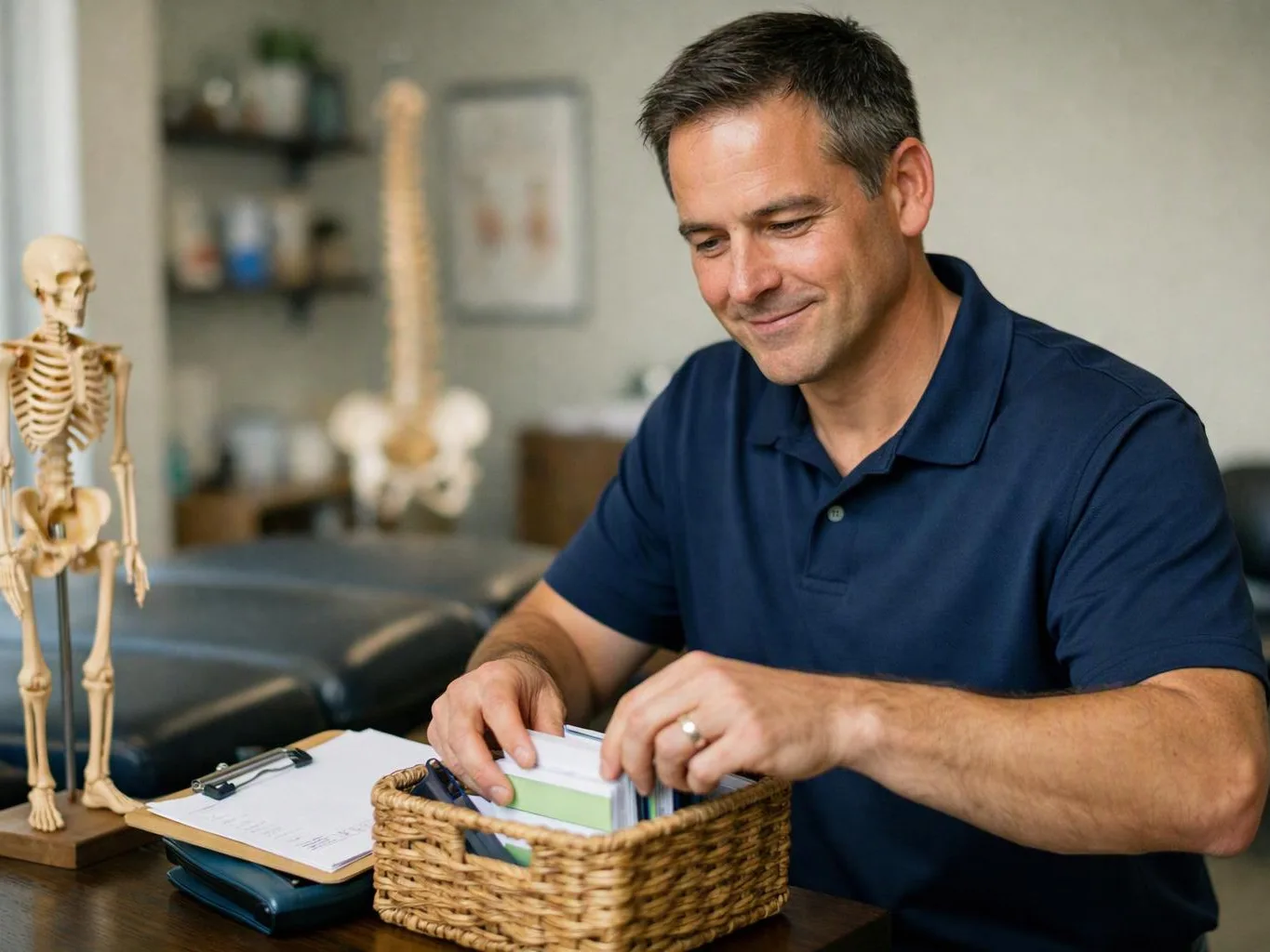 A smiling man in a navy polo sorts index cards at a desk beside a small skeleton model in a clinic-like room