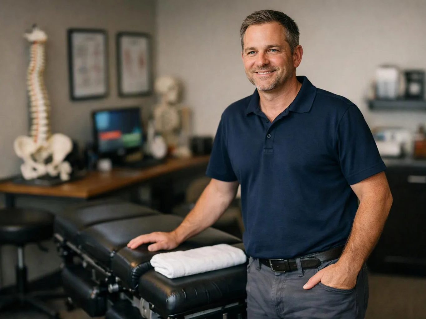 A smiling man stands beside a black massage table in a clinic room with anatomy models and a desk behind him