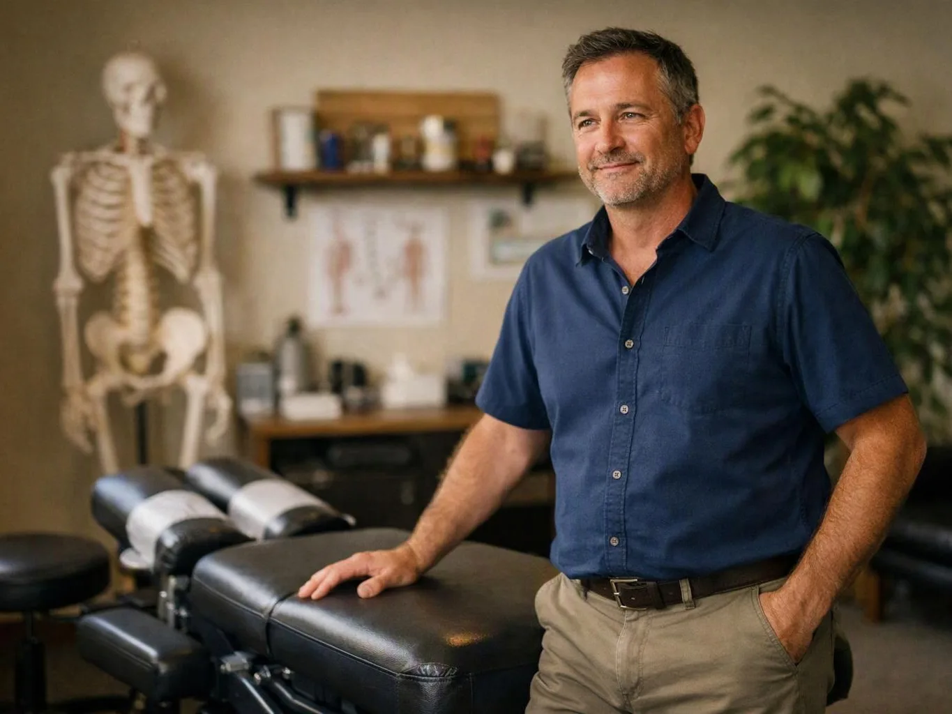 A smiling man stands beside a black massage table in a medical exam room with a skeleton model and plant behind him