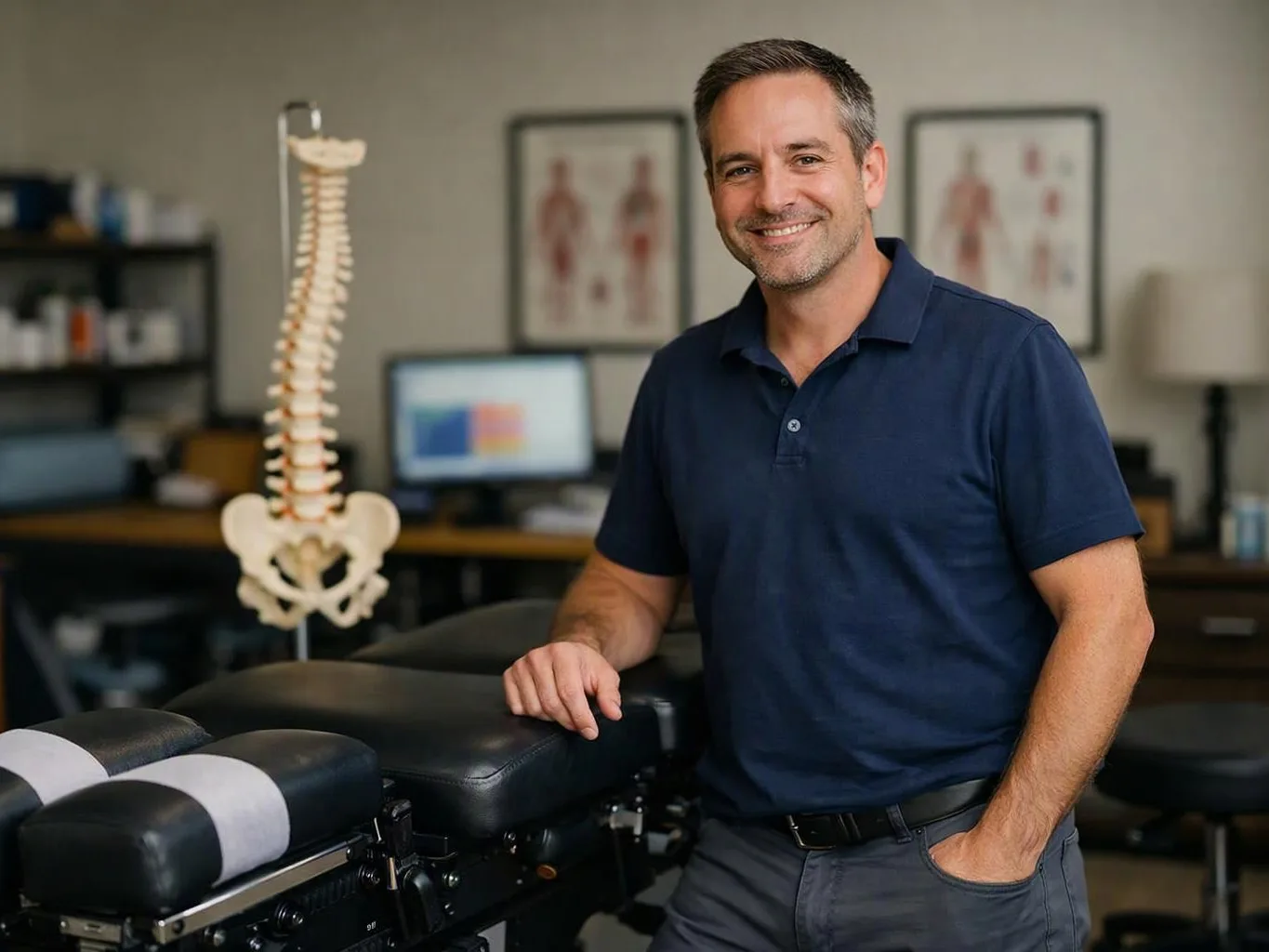 A smiling man stands beside a chiropractic table in a clinic, with a spine model and anatomy posters behind him