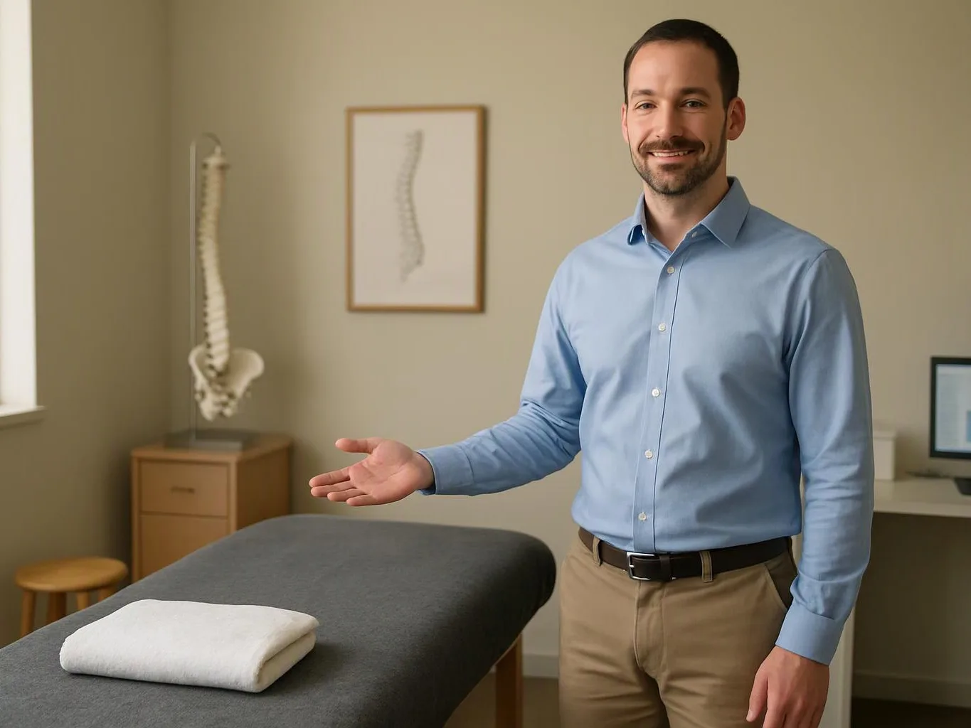 A smiling man stands beside a massage table in a treatment room and gestures toward it
