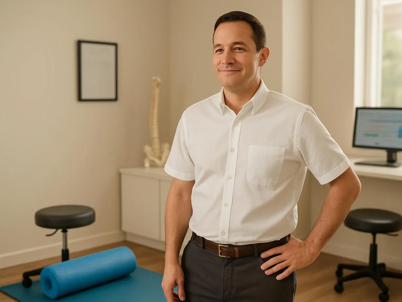 A smiling man in a white shirt stands in a bright clinic room with stools, a monitor, and a spine model