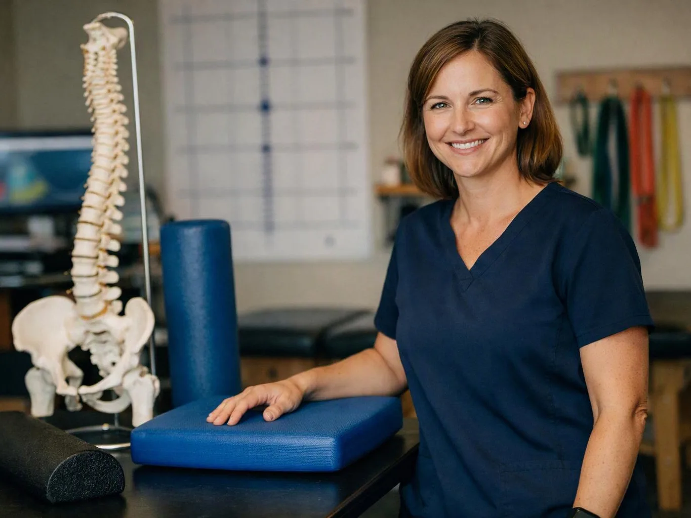 A smiling woman in navy scrubs stands beside a spine model and blue therapy cushion in a clinic room