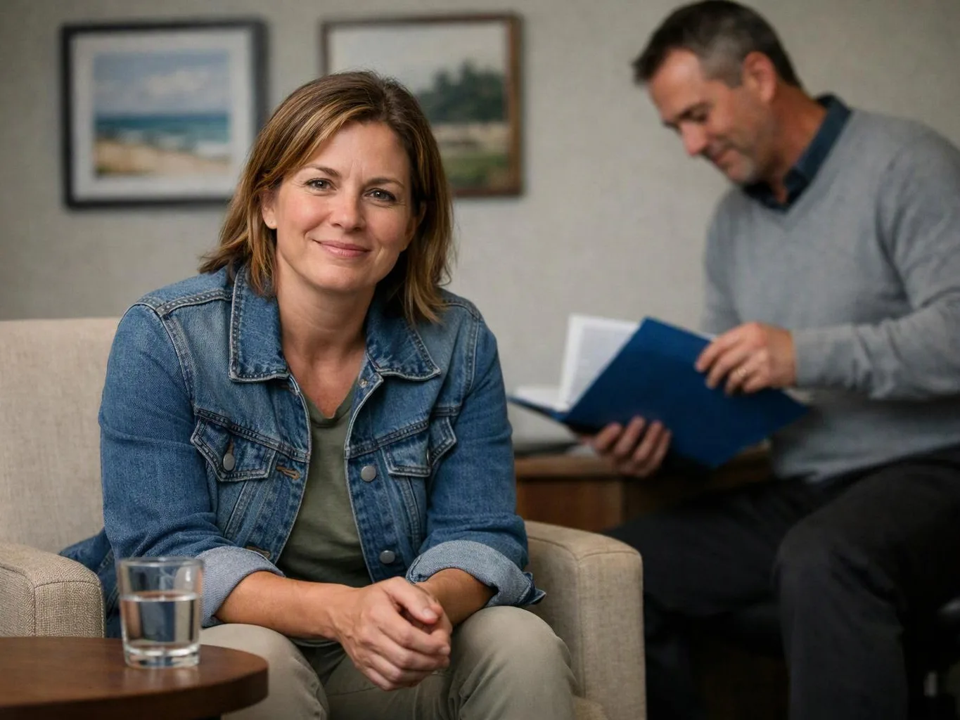 A smiling woman sits in a chair with a glass of water, while a man reads a blue folder behind her
