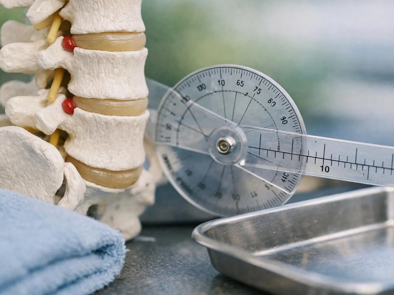 A spinal model sits beside a protractor gauge and metal tray on a clinical table