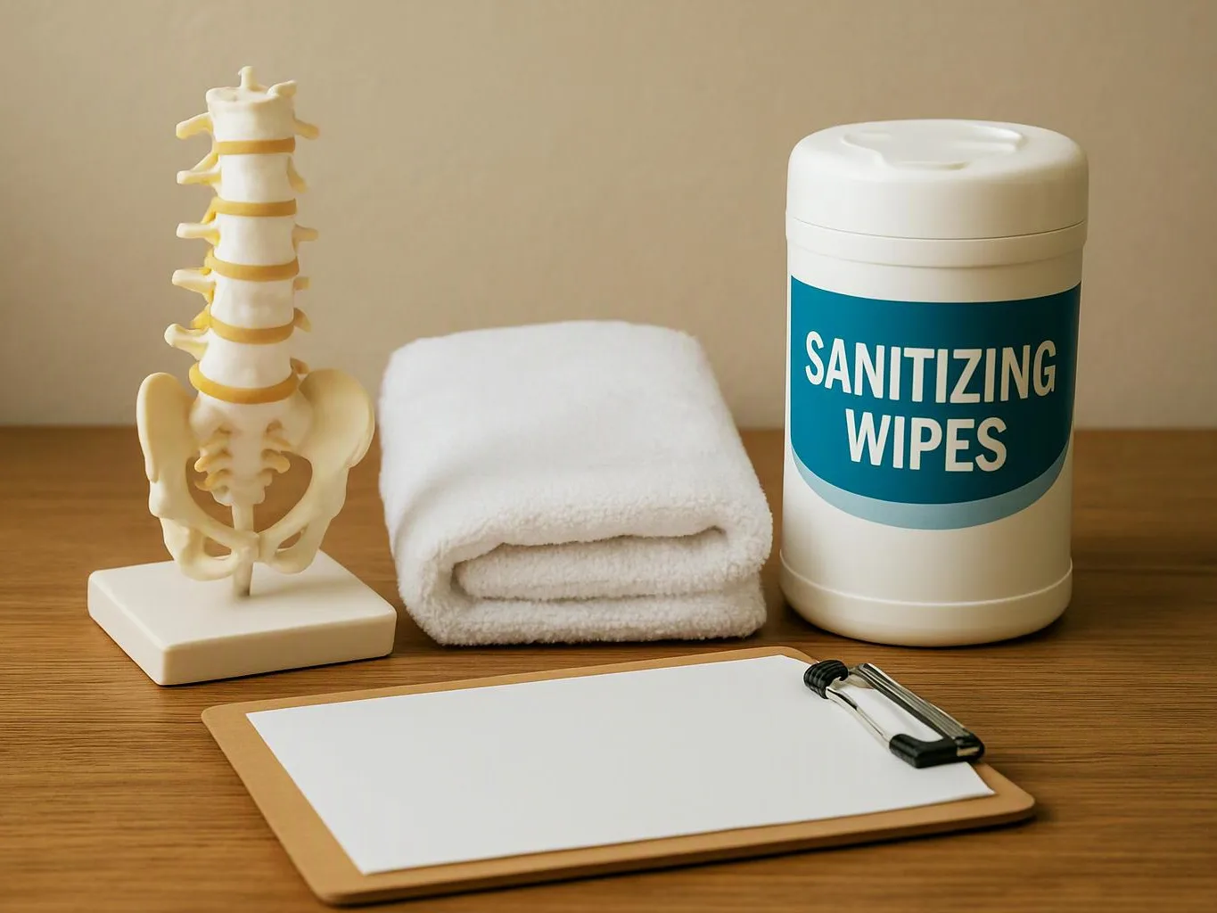 A spine model, folded white towel, sanitizing wipes container, and clipboard sit on a wooden table