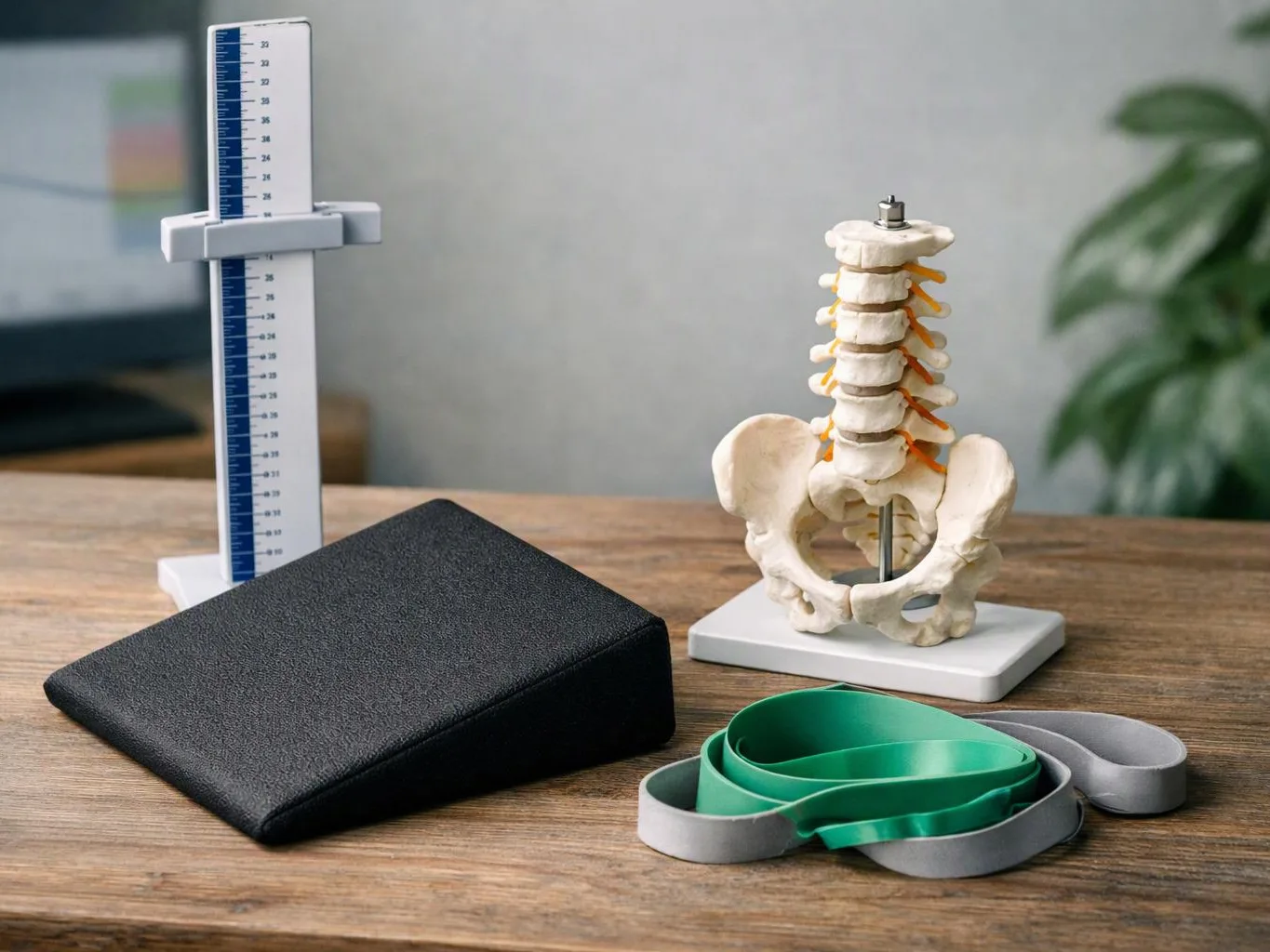 A spine model, height chart, wedge cushion, and resistance bands sit on a wooden table in a clinic-like room