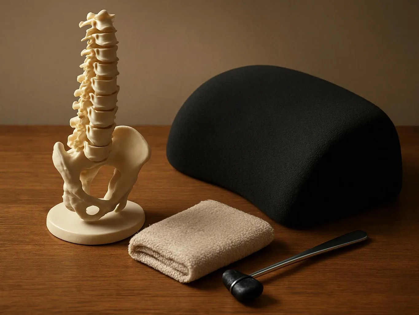 A spine model stands beside a black cushion, folded towel, and reflex hammer on a wooden table
