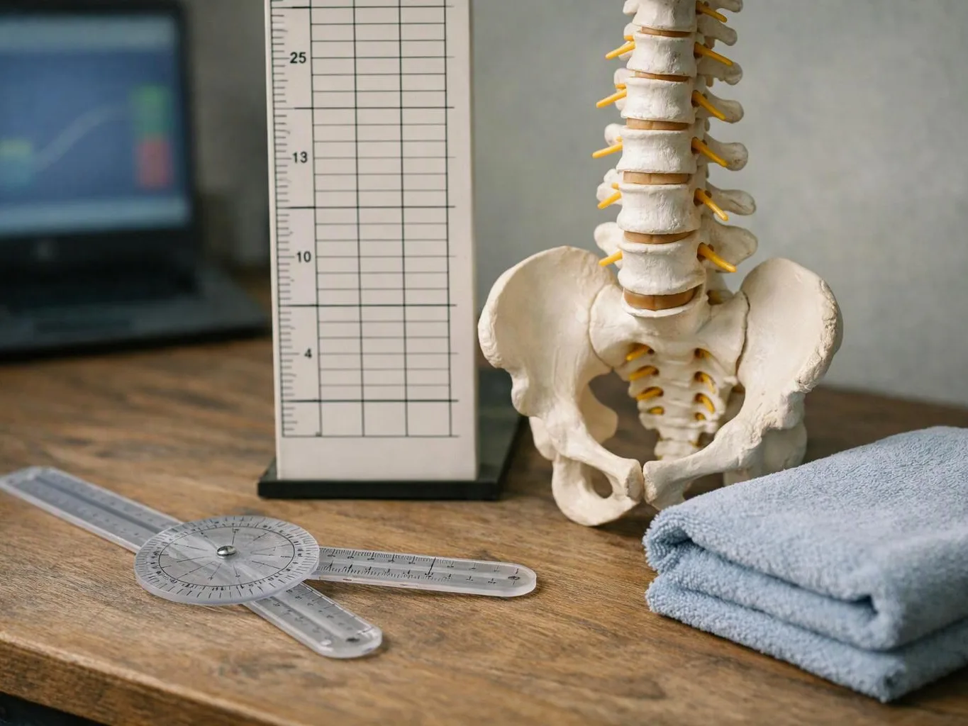 A spine model stands beside a chart, a protractor ruler, and folded towels on a wooden table