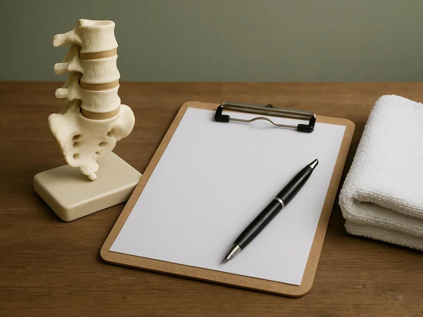 A spine model stands beside a clipboard with a pen and folded white towels on a wooden table