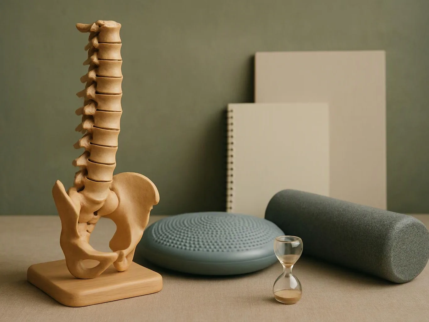 A spine model stands beside exercise props and notebooks on a tabletop against a muted wall