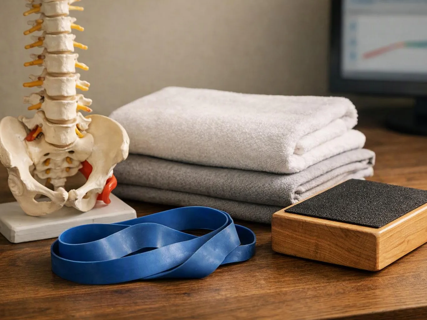 A spine model stands beside folded towels, a blue resistance band, and a wooden exercise block on a table