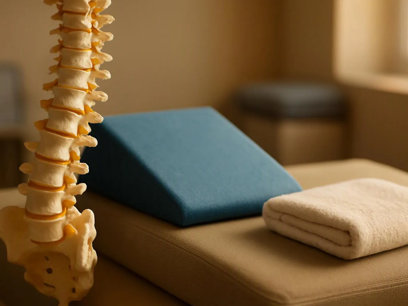 A spine model stands beside yoga bolsters and a folded towel in a calm treatment room