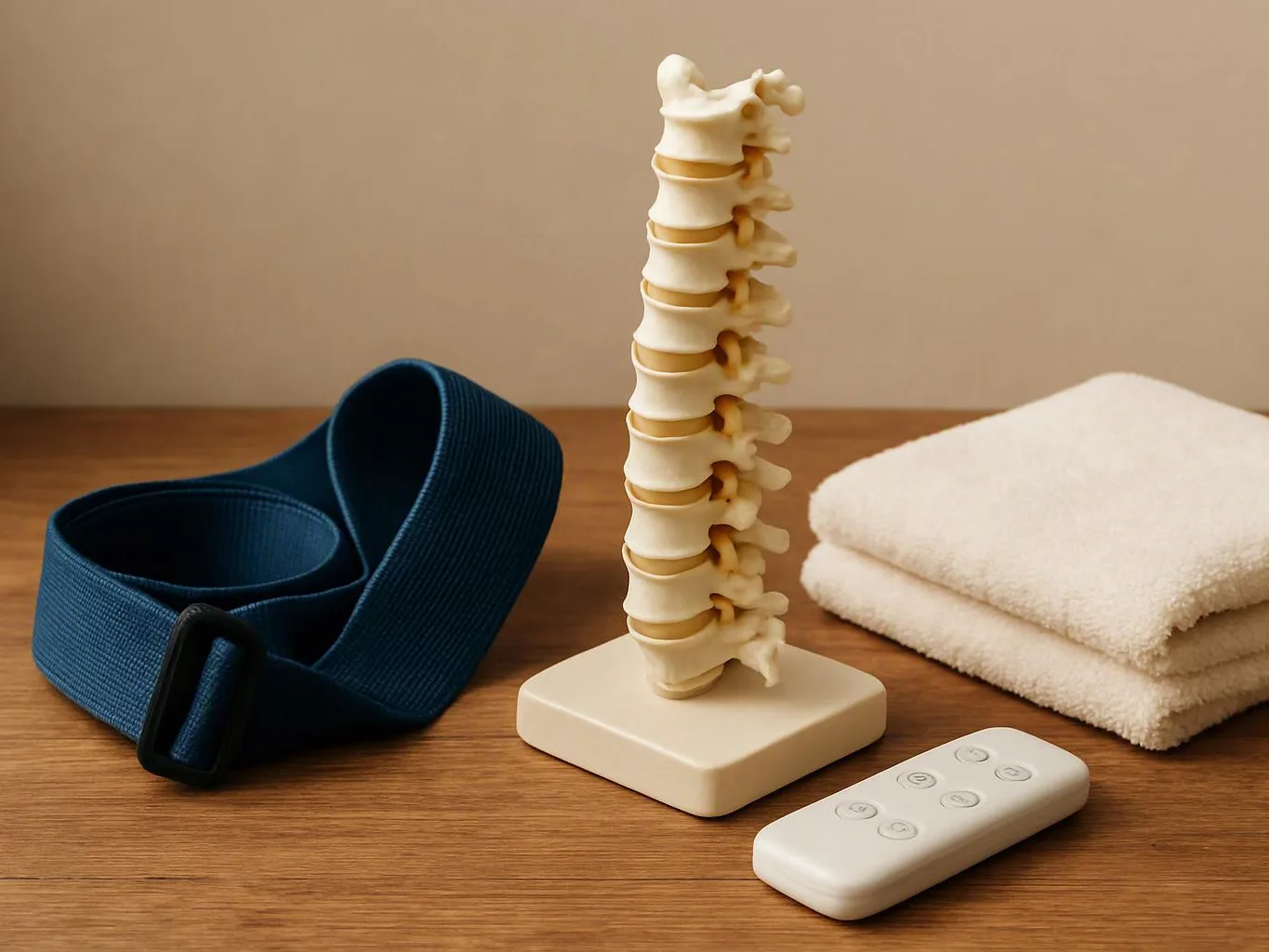 A spine model stands on a table beside a blue strap, folded towels, and a white remote control
