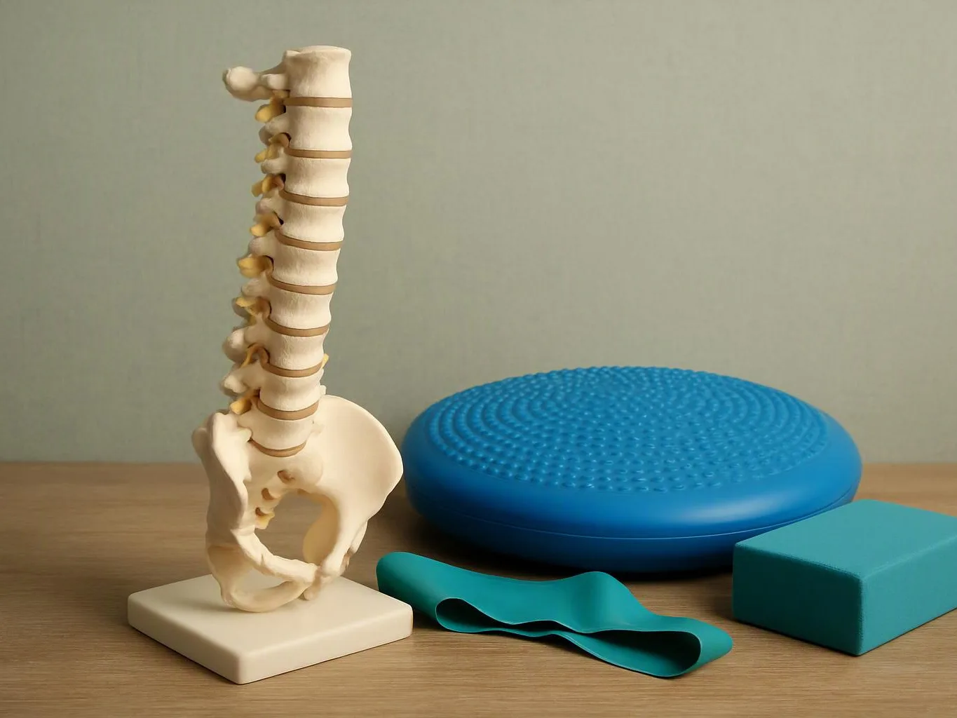 A spine model stands on a wooden table beside a blue balance cushion, resistance band, and foam block