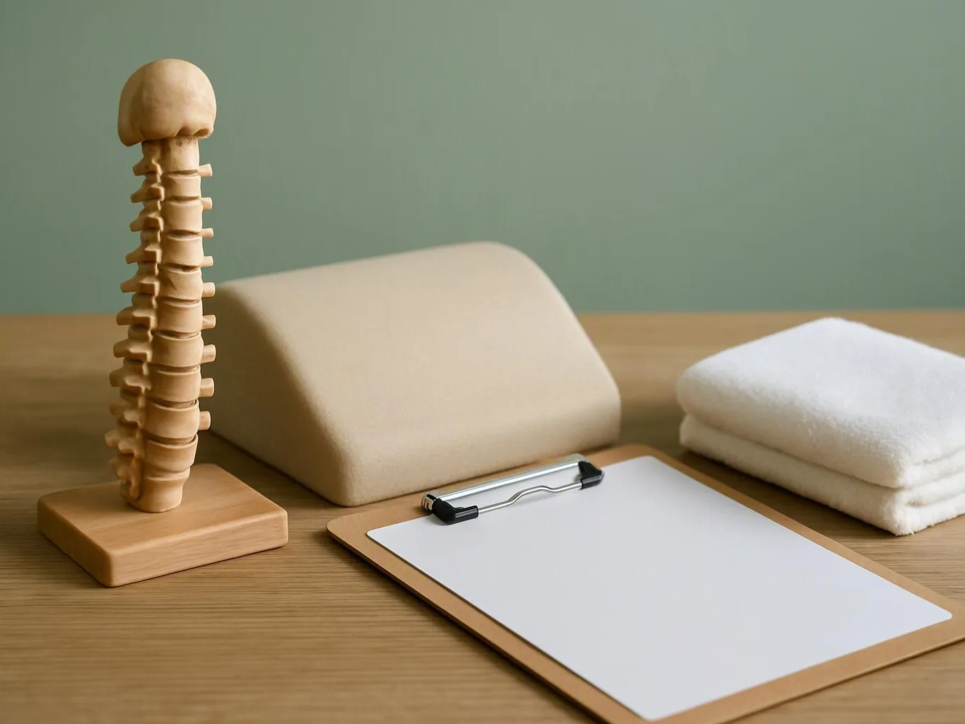 A spine model, wedge cushion, folded towels, and clipboard sit on a wooden table against a plain green wall