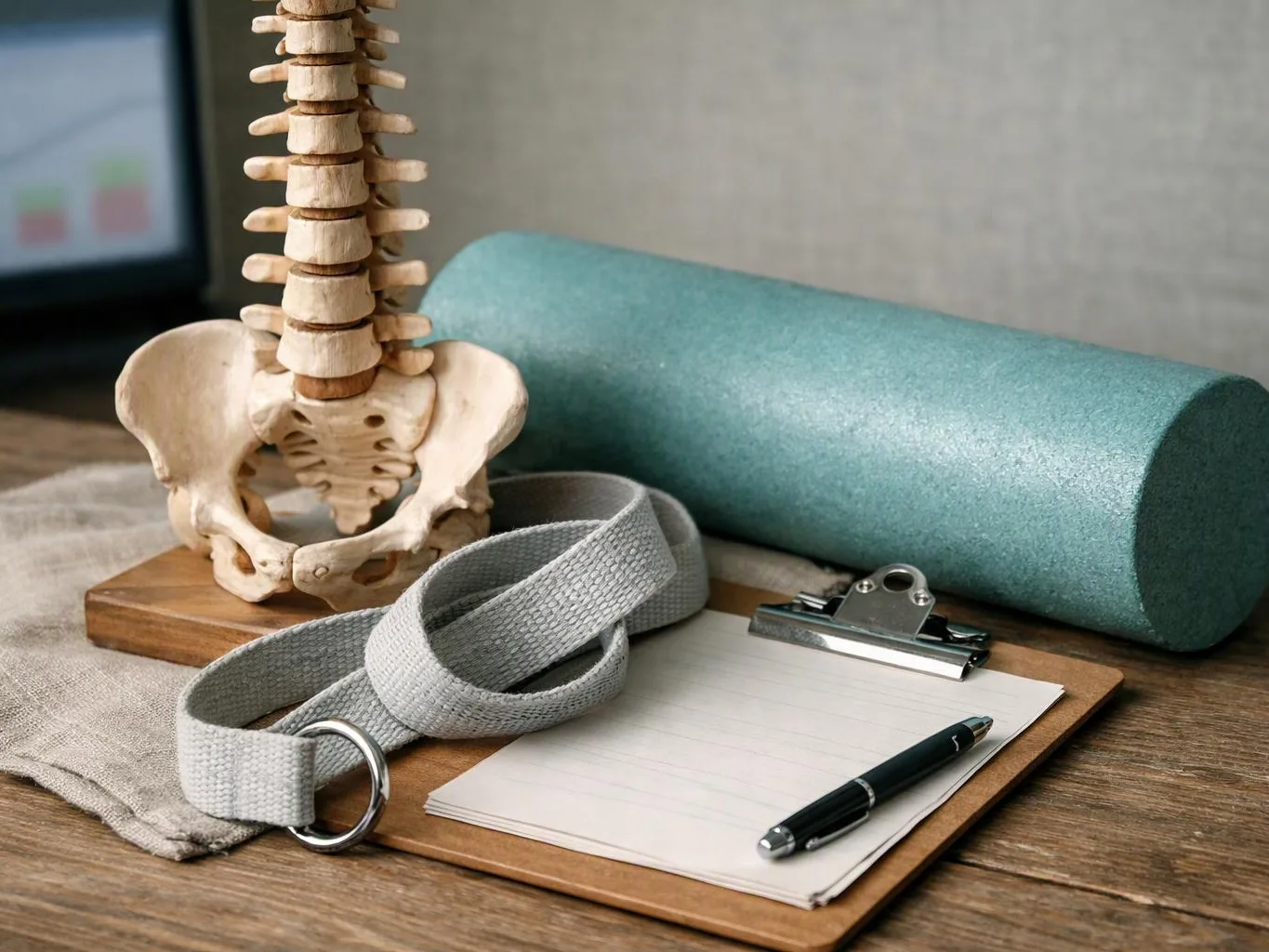A spine model, yoga mat, strap, clipboard, and pen sit on a wooden table near a cloth pouch