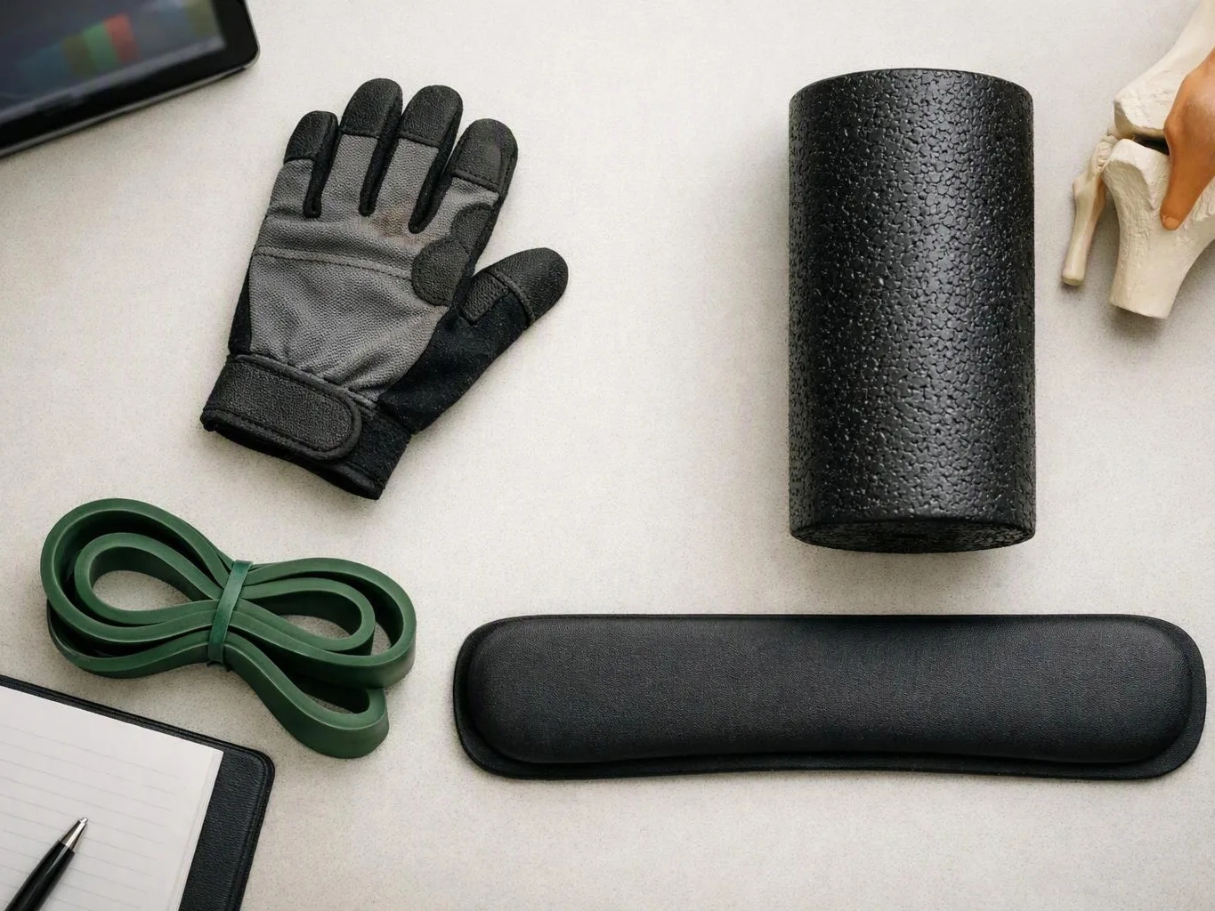 A top-down view shows gloves, resistance bands, a foam roller, a massage bar, and a notebook on a light surface