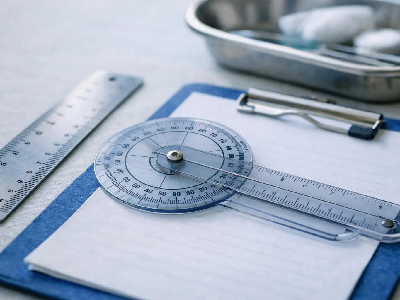 A transparent protractor and ruler rest on a lined notepad beside a metal tray on a blue surface