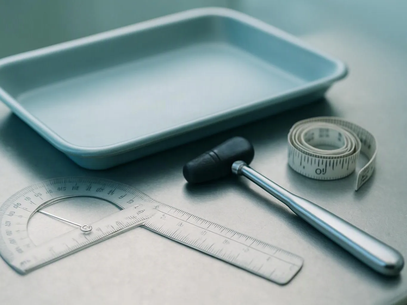 A tray, a hammer, a protractor, and a rolled measuring tape rest on a metal surface