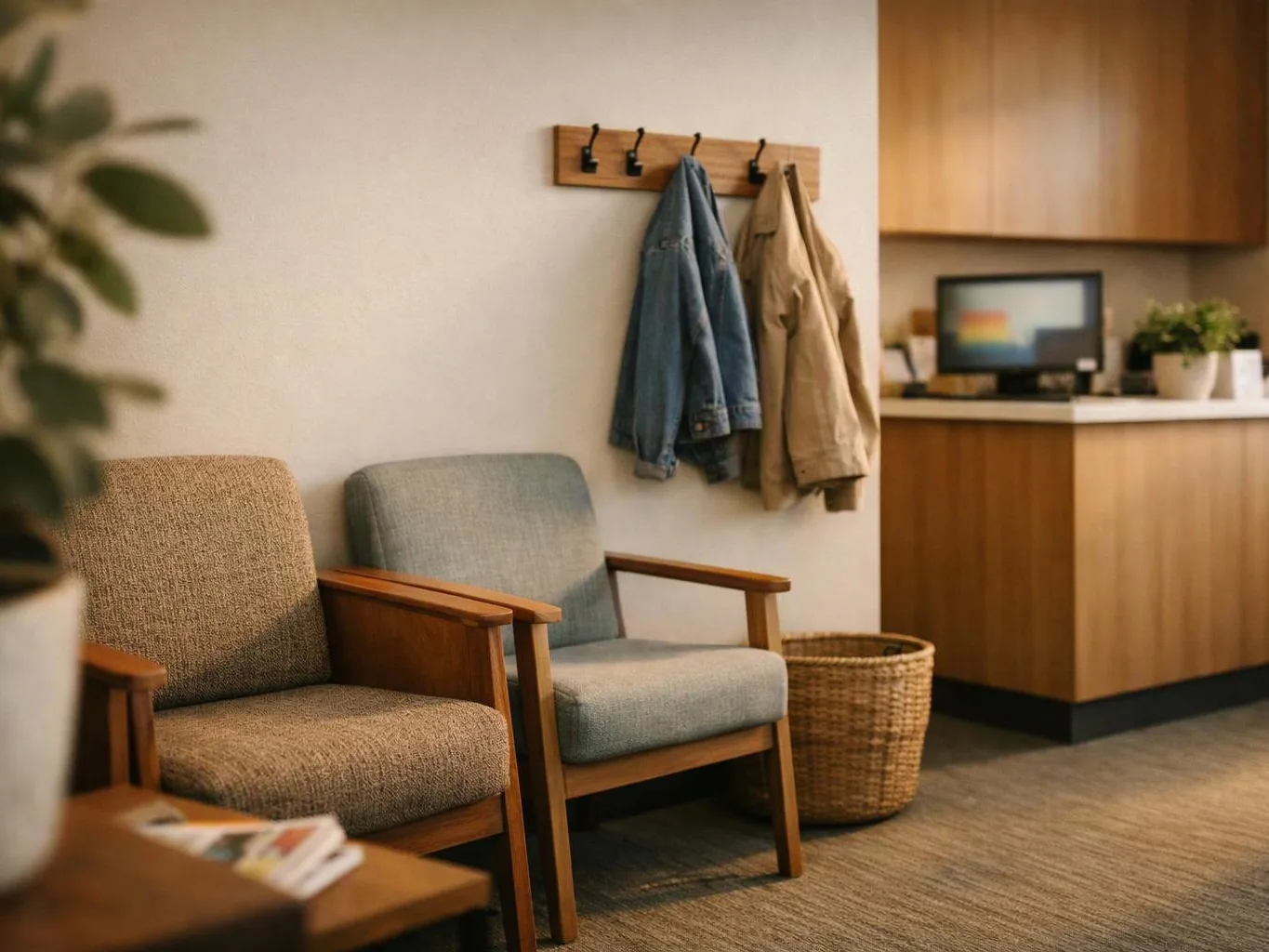 Two armchairs sit beside a wall with hanging jackets in a calm waiting room