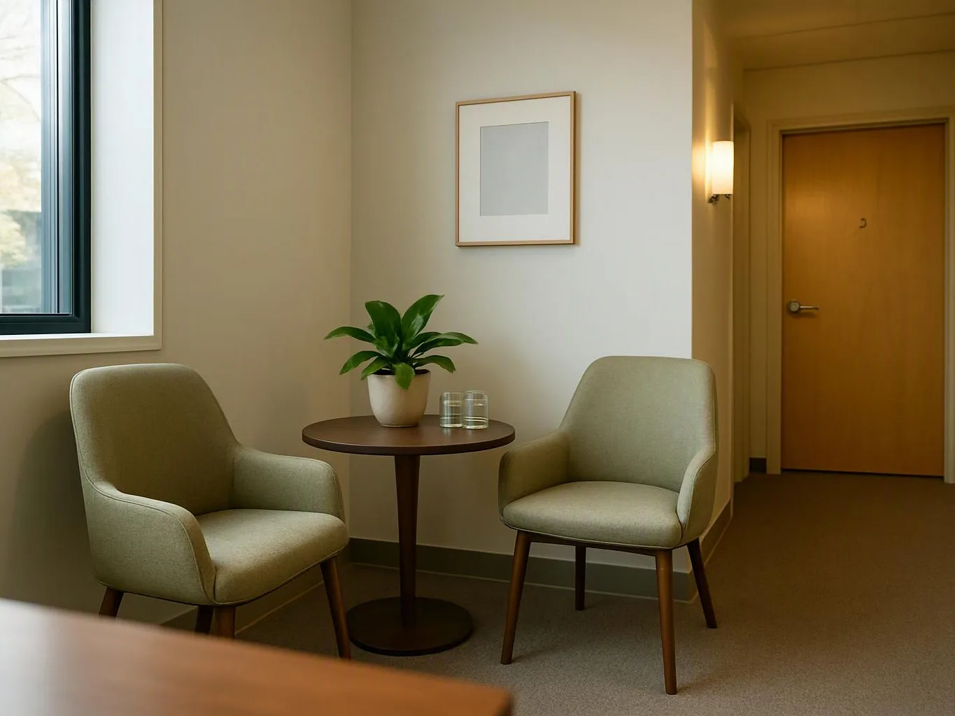 Two beige chairs sit by a small round table with a plant and glasses in a quiet hallway room