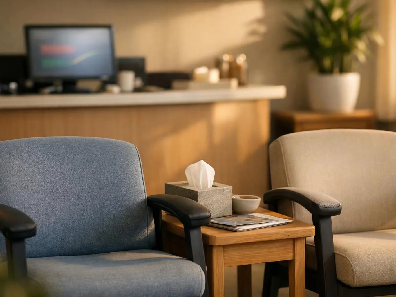 Two empty waiting room chairs flank a small table with tissues, cups, and magazines